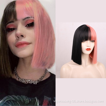 Vigorous free shipping private label color bob perruque full fiber blended synthetic no lace front pixie  wigs with bangs